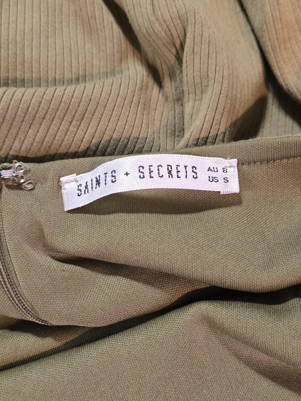 Saints + Secrets Khaki Ribbed Backless Cross Strap Midi Dress - Picture 2 of 4